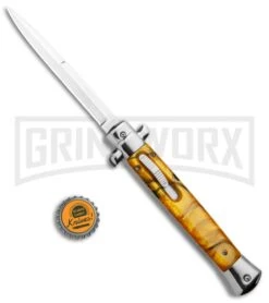 11" Italian Stiletto OTF Automatic Knife Yellow Acrylic Bayo (4.75" Satin) -Featured Knife Shop 11in Italian Stiletto OTF Auto Yellow Acrylic Bayo Satin GX 33860 jr bottlecap large