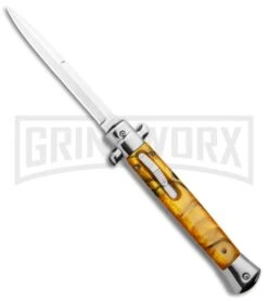 11" Italian Stiletto OTF Automatic Knife Yellow Acrylic Bayo (4.75" Satin)