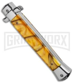 11" Italian Stiletto OTF Automatic Knife Yellow Acrylic Bayo (4.75" Satin) -Featured Knife Shop 11in Italian Stiletto OTF Auto Yellow Acrylic Bayo Satin GX 33860 jr side large