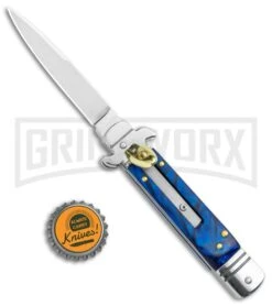 Italia Brass Lever Lock Automatic Stiletto Knife Blue Handle - Satin Plain 9 Italia Brass Lever Lock Automatic Stiletto Knife Blue Handle - Satin Plain -Featured Knife Shop 7.5in LL Auto Acrylic Blue Bayo Satin AU 5 GX 36487 jr bottlecap large