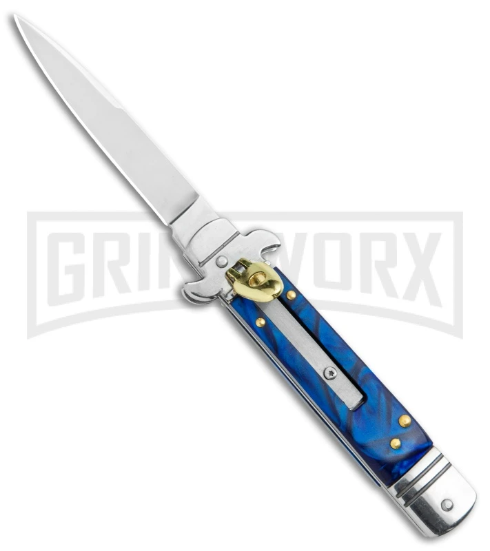 Italia Brass Lever Lock Automatic Stiletto Knife Blue Handle - Satin Plain 3 Italia Brass Lever Lock Automatic Stiletto Knife Blue Handle - Satin Plain