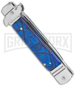 Italia Brass Lever Lock Automatic Stiletto Knife Blue Handle - Satin Plain 8 Italia Brass Lever Lock Automatic Stiletto Knife Blue Handle - Satin Plain -Featured Knife Shop 7.5in LL Auto Acrylic Blue Bayo Satin AU 5 GX 36487 jr side large