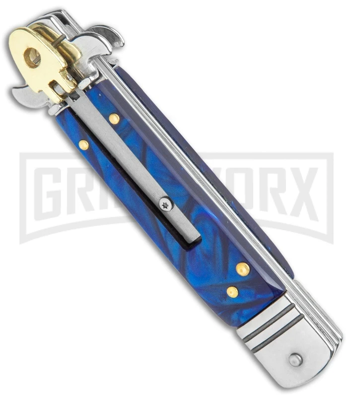 Italia Brass Lever Lock Automatic Stiletto Knife Blue Handle - Satin Plain 4 Italia Brass Lever Lock Automatic Stiletto Knife Blue Handle - Satin Plain - Image 2