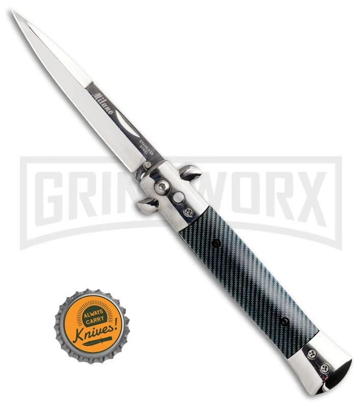 9" Milano Stiletto Black/Silver Sim Carbon Fiber Automatic Knife - Satin Plain 6 9" Milano Stiletto Black/Silver Sim Carbon Fiber Automatic Knife - Satin Plain - Image 4