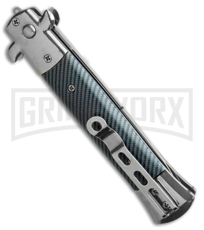 9" Milano Stiletto Black/Silver Sim Carbon Fiber Automatic Knife - Satin Plain 5 9" Milano Stiletto Black/Silver Sim Carbon Fiber Automatic Knife - Satin Plain - Image 3