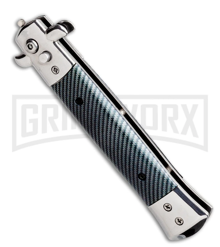 9" Milano Stiletto Black/Silver Sim Carbon Fiber Automatic Knife - Satin Plain 4 9" Milano Stiletto Black/Silver Sim Carbon Fiber Automatic Knife - Satin Plain - Image 2