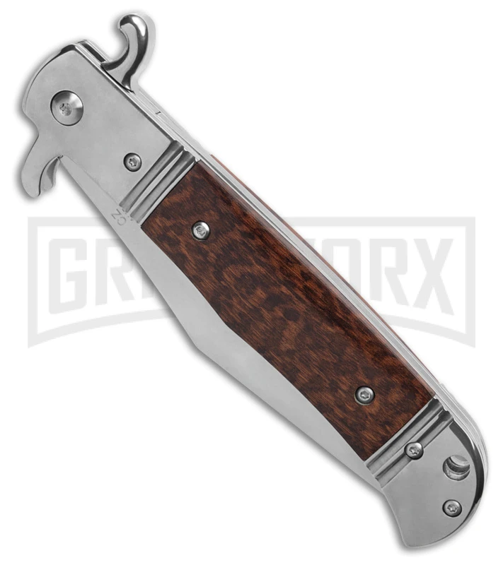 Italia 9" CZ Snakewood Bolster Release Automatic Knife - Satin Plain 4 Italia 9" CZ Snakewood Bolster Release Automatic Knife - Satin Plain - Image 2