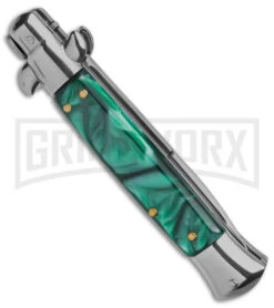 9" Anomaly Stiletto Green Pearlex Automatic Knife - Satin Bayonet -Featured Knife Shop 9in anomaly stiletto green pearlex automatic knife satin bayonet gx 6095 td side large