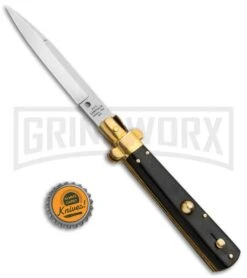 AGA Campolin 10" Italian Frosolone Picklock Brass/Ebony Automatic Knife - Bayo -Featured Knife Shop AGA Campolin 10in Italian Frosolone Picklock Brass Ebony AutoKnife Bayo GX 32102 jr bottlecap large