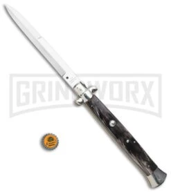 A.G.A. Campolin 18" Dark Horn Italian Stiletto Auto Knife - Bayonet -Featured Knife Shop AGA Campolin 18in Stiletto Dark Horn Satin Bayo BHQ 104096 jr bottlecap large