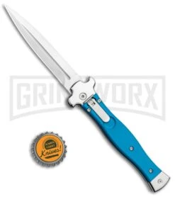 AGA Campolin Zero Blue G-10 Leverlock Automatic Knife - Dagger Satin Plain -Featured Knife Shop AGA Campolin Zero Dagger LL Auto Blue G 10 Satin BHQ 117112 jr bottlecap large