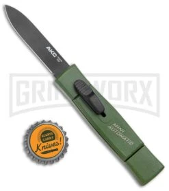 AKC Minion Concord Green OTF Automatic Knife - Spear Point Plain -Featured Knife Shop AKC 007 Mini Concord OTF Auto NATO Green Black BHQ 135713 jr bottlecap large