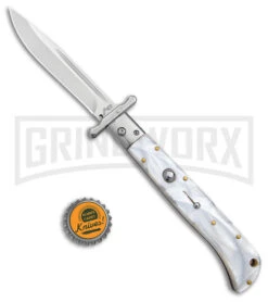 Italian Style 11" Roma White Pearlex Auto Swinguard - Drop Point Polish Plain -Featured Knife Shop AKC 11in Roma Auto Swinguard DP White Pearlex Polished BHQ 152966 jr bottlecap large