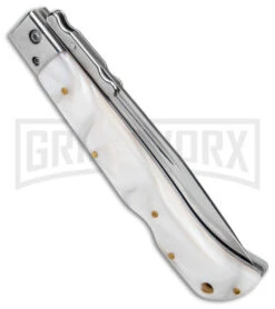 Italian Style 11" Roma White Pearlex Auto Swinguard - Drop Point Polish Plain -Featured Knife Shop AKC 11in Roma Auto Swinguard DP White Pearlex Polished BHQ 152966 jr side large