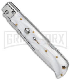 Italian Style 11" Roma White Pearlex Auto Swinguard - Drop Point Polish Plain -Featured Knife Shop AKC 11in Roma Auto Swinguard DP White Pearlex Polished BHQ 152966 jr spine large