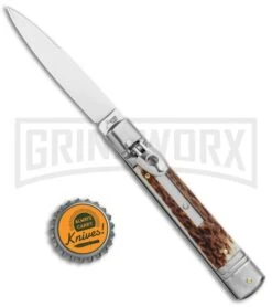 AKC 7.75" Slimline Lever Lock Stag Horn Automatic Knife - Clip Point Flat -Featured Knife Shop AKC 7.5in Slimline LL Auto Stag Horn Satin Flat BHQ 122385 jr bottlecap large