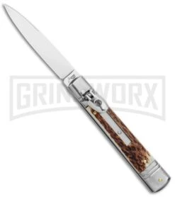 AKC 7.75" Slimline Lever Lock Stag Horn Automatic Knife - Clip Point Flat