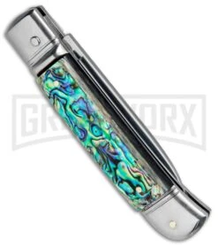 AKC 8" Italian Stiletto Leverlock Abalone Automatic Knife - Flat -Featured Knife Shop AKC 8in LL Italian Auto Abalone Polish Flat BHQ 82042 jr side large
