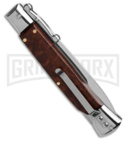 AKC 9" Snakewood Automatic Swinguard Knife Italian Stiletto - Satin Plain 7 AKC 9" Snakewood Automatic Swinguard Knife Italian Stiletto - Satin Plain -Featured Knife Shop AKC 9in Bayonet AK Swinguard Italian Stiletto Snakewood 4in Satin BHQ 158041 td side large