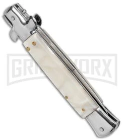 9" Anomaly Stiletto White Pearlex Automatic Knife - Satin Bayonet -Featured Knife Shop AKC 9in Stiletto White Pearlex Auto Bayo GX 37958 jr side large