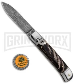 AKC 8" Italian Stiletto Lever Lock Dark Horn Automatic Knife - Damascus Plain 9 AKC 8" Italian Stiletto Lever Lock Dark Horn Automatic Knife - Damascus Plain -Featured Knife Shop AKC Classic 8in LL Dark Horn Damascus Flat BP 30457 jr bottlecap large