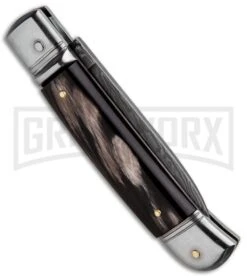 AKC 8" Italian Stiletto Lever Lock Dark Horn Automatic Knife - Damascus Plain 8 AKC 8" Italian Stiletto Lever Lock Dark Horn Automatic Knife - Damascus Plain -Featured Knife Shop AKC Classic 8in LL Dark Horn Damascus Flat BP 30457 jr side large