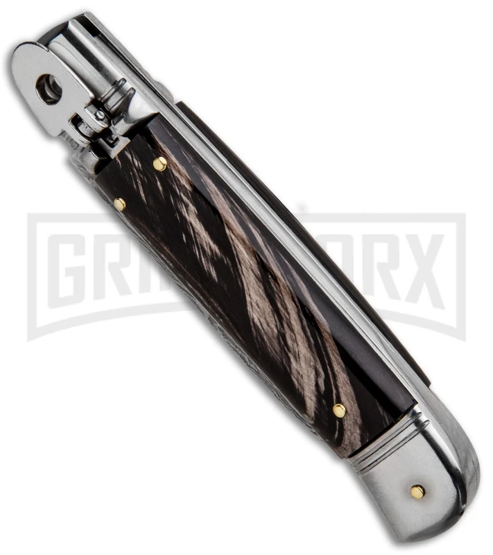 AKC 8" Italian Stiletto Lever Lock Dark Horn Automatic Knife - Damascus Plain 4 AKC 8" Italian Stiletto Lever Lock Dark Horn Automatic Knife - Damascus Plain - Image 2