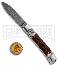 AKC 8" Italian Stiletto Lever Lock Stag Automatic Knife - Damascus Plain 9 AKC 8" Italian Stiletto Lever Lock Stag Automatic Knife - Damascus Plain -Featured Knife Shop AKC Classic 8in LL Stag Horn Damascus Flat BP 30458 jr bottlecap large