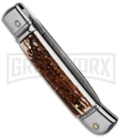 AKC 8" Italian Stiletto Lever Lock Stag Automatic Knife - Damascus Plain 8 AKC 8" Italian Stiletto Lever Lock Stag Automatic Knife - Damascus Plain -Featured Knife Shop AKC Classic 8in LL Stag Horn Damascus Flat BP 30458 jr side large