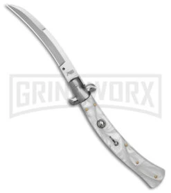 AKC Curved Stiletto White Pearlex Automatic Knife - Bayo Satin