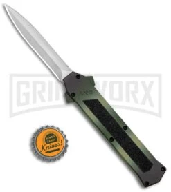 AKC F-16 Green Camo D/A OTF Automatic Knife - Dagger Satin Plain -Featured Knife Shop AKC F 16 DA Dagger Camo OTF Auto Green Satin BHQ 125374 jr bottlecap large