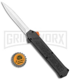 AKC F-16 Black D/A OTF Automatic Knife + Orange Button - Dagger Satin Plain -Featured Knife Shop AKC F 16 DA Dagger OTF Auto Black Orange Button Satin BHQ 98892 jr bottlecap large