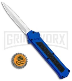 AKC F-16 Blue D/A OTF Automatic Knife - Dagger Satin Plain -Featured Knife Shop AKC F 16 DA Dagger OTF Blue Satin BHQ 93753 jr bottlecap large