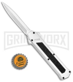 AKC F-16 White D/A OTF Automatic Knife - Dagger Satin Plain -Featured Knife Shop AKC F 16 DA Dagger OTF White Satin BHQ 94221 jr bottlecap large