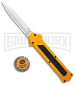 AKC F-16 Yellow D/A OTF Automatic Knife - Bayonet Satin Plain -Featured Knife Shop AKC F 16 Yellow DA OTF Auto Bayo Satin GX 37617 jr bottlecap large
