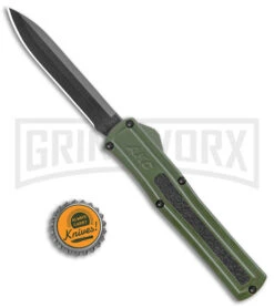 AKC F-20 Green D/A OTF Automatic Knife - Black Plain -Featured Knife Shop AKC F 20 DA Dagger OTF Auto OD Green Black BHQ 140846 jr bottlecap large