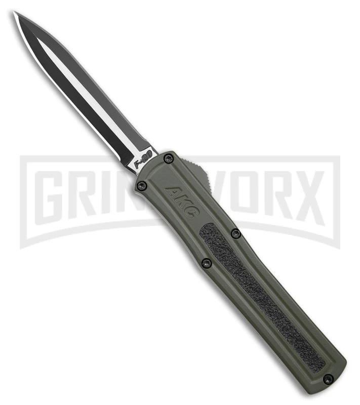 AKC F-20 OD Green Aluminum Dagger OTF Automatic Knife - 2-Tone Black Plain 3 AKC F-20 OD Green Aluminum Dagger OTF Automatic Knife - 2-Tone Black Plain