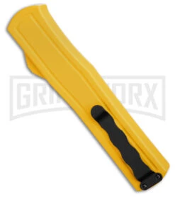 AKC F-20 D/A Dagger Yellow Aluminum OTF Automatic Knife - Satin Plain -Featured Knife Shop AKC F20 DA OTF AK Dagger yellow Alum 3in Satin BHQ 178761 td side large