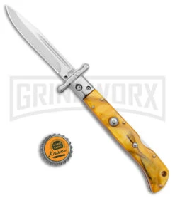 Italian Style 9" Roma Yellow Pearlex Automatic Swinguard - Polished Plain 9 Italian Style 9" Roma Yellow Pearlex Automatic Swinguard - Polished Plain -Featured Knife Shop AKC Italian Style 9in Roma DP Auto Swinguard Yellow Pearlex Polished BHQ 175957 jr bottlecap large