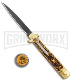 AKC 9" Leverletto Stag Horn Brass Black Automatic Knife - Flat Grind 9 AKC 9" Leverletto Stag Horn Brass Black Automatic Knife - Flat Grind -Featured Knife Shop AKC Leverletto 9in LL Auto Italian Brass Stag Horn Black BHQ 135092 jr bottlecap large
