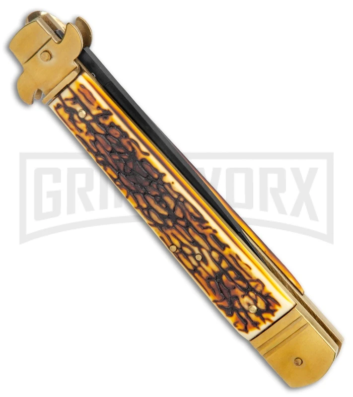 AKC 9" Leverletto Stag Horn Brass Black Automatic Knife - Flat Grind 5 AKC 9" Leverletto Stag Horn Brass Black Automatic Knife - Flat Grind - Image 3