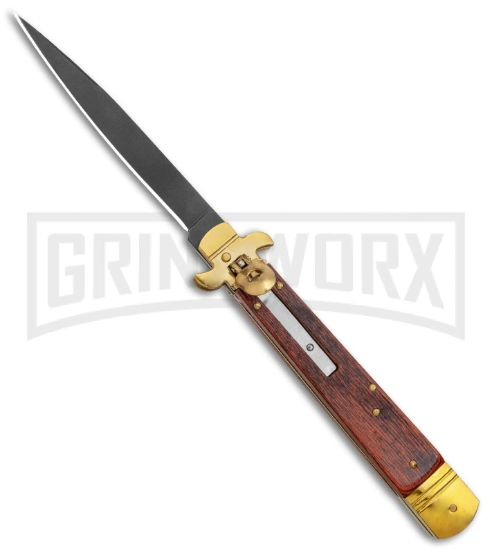 AKC 9" Leverletto Wood Brass Black Automatic Knife - Flat Grind 2 AKC 9" Leverletto Wood Brass Black Automatic Knife - Flat Grind