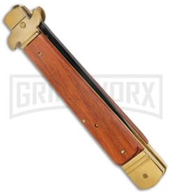 AKC 9" Leverletto Wood Brass Black Automatic Knife - Flat Grind 7 AKC 9" Leverletto Wood Brass Black Automatic Knife - Flat Grind -Featured Knife Shop AKC Leverletto 9in LL Auto Italian Brass Wood Black BHQ 135093 jr side large