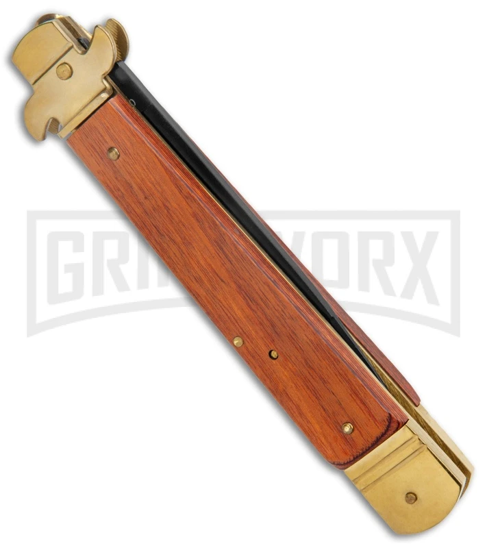 AKC 9" Leverletto Wood Brass Black Automatic Knife - Flat Grind 4 AKC 9" Leverletto Wood Brass Black Automatic Knife - Flat Grind - Image 3