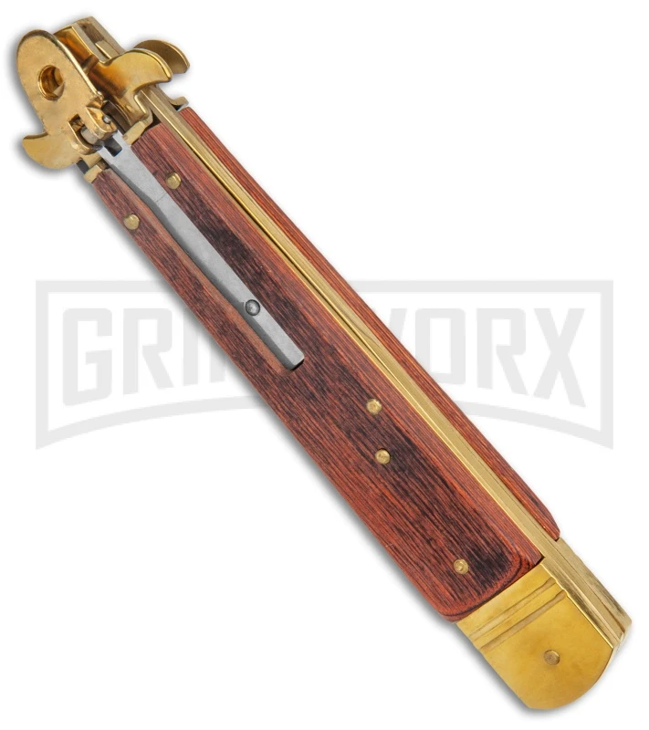 AKC 9" Leverletto Wood Brass Black Automatic Knife - Flat Grind 3 AKC 9" Leverletto Wood Brass Black Automatic Knife - Flat Grind - Image 2