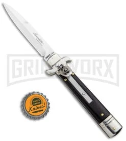 AKC 7.75" Leverletto Ebony Automatic Knife - Satin Bayonet -Featured Knife Shop AKC Leverletto LL Auto Ebony Bayo BHQ 92878 jr bottlecap large