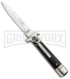 AKC 7.75" Leverletto Ebony Automatic Knife - Satin Bayonet