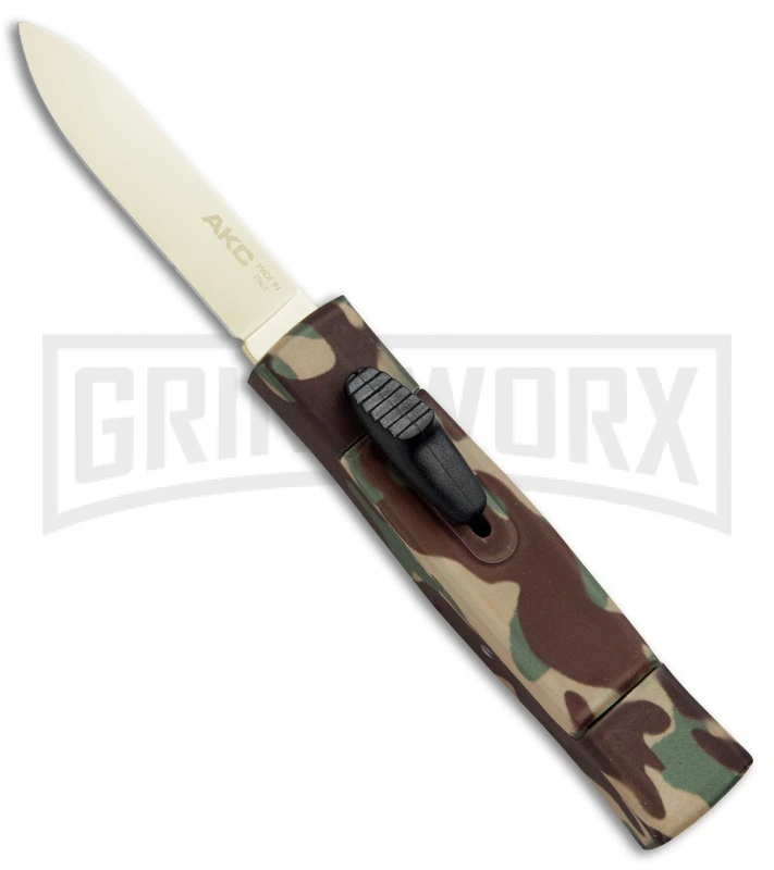 AKC Minion Concord Green Camo OTF Automatic Knife - Flat Gold Plain 3 AKC Minion Concord Green Camo OTF Automatic Knife - Flat Gold Plain