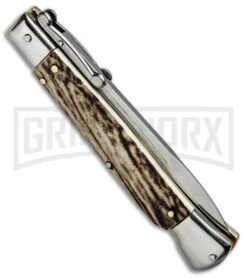 AKC 9" Italian Stiletto Swinguard Stag Horn Automatic Knife - Bayonet -Featured Knife Shop AKC Stiletto 9in Swinguard Stag Horn Bayo BP 11092 jr side large