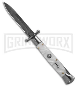 AKC 9" Italian Stiletto Swinguard White Pearlex Automatic Knife - Damascus Plain